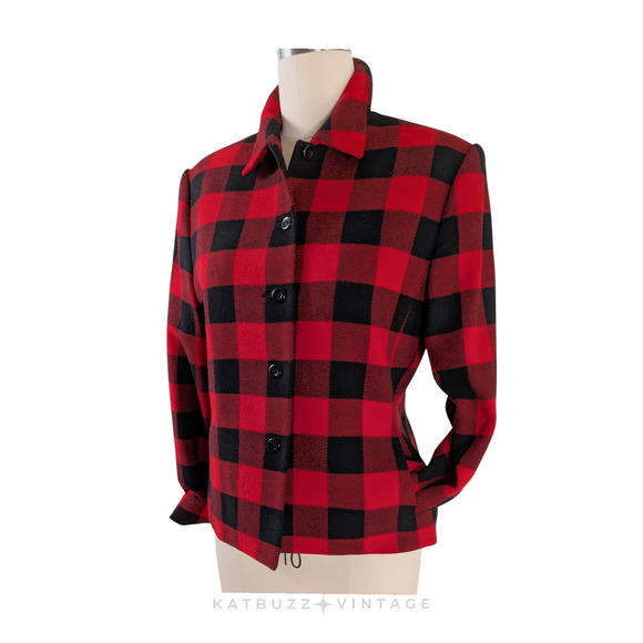 Vintage Buffalo Plaid Wool Blazer 10 Red Black Check 90s Button Work Classic - Picture 1 of 10